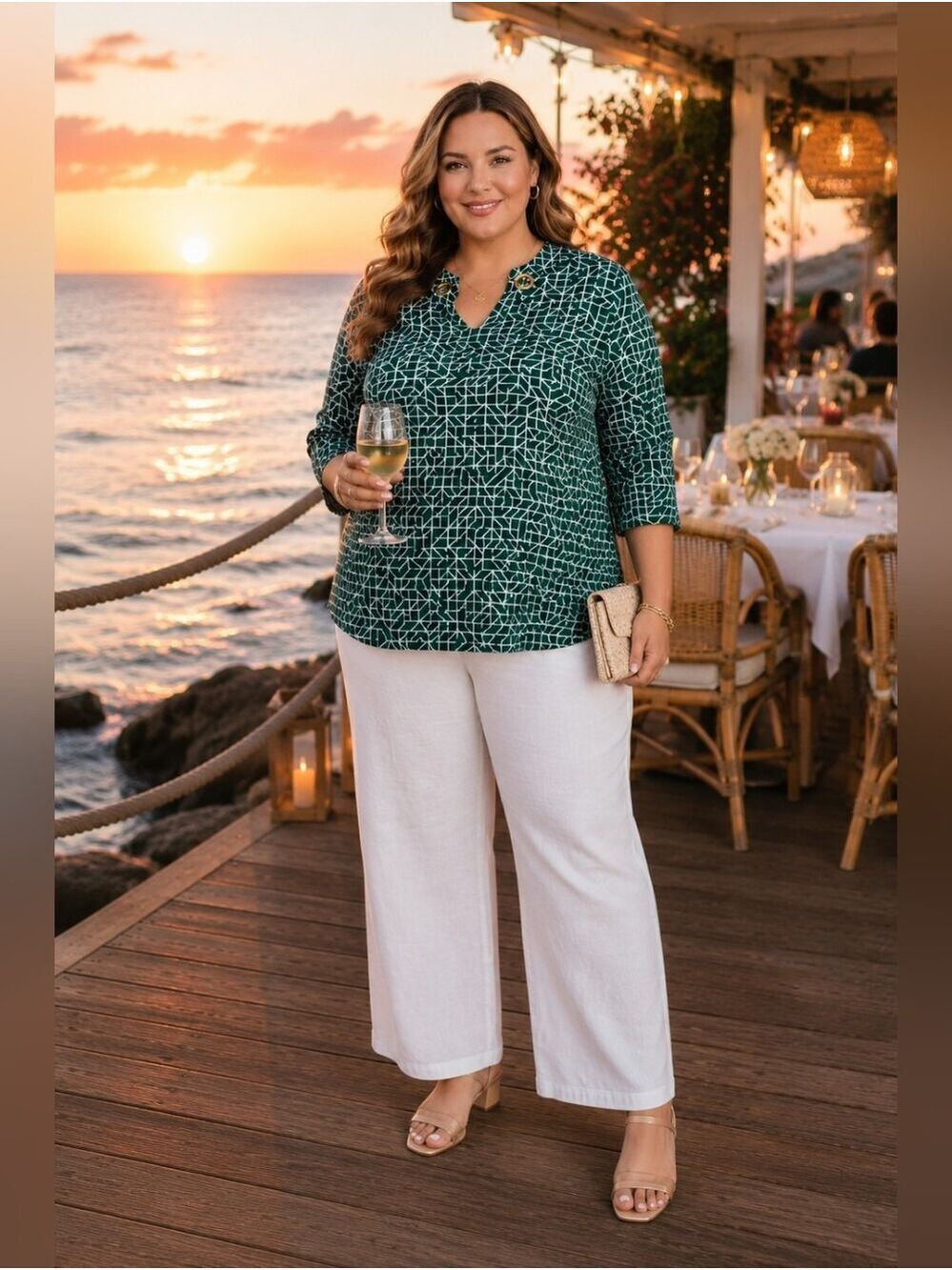 Liz Claiborne Plus Size Green Geometric Tunic Top | Casual 3/4 Sleeve Blouse
